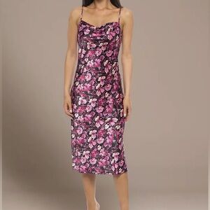 Bebe Vibrant midi length satin floral gown